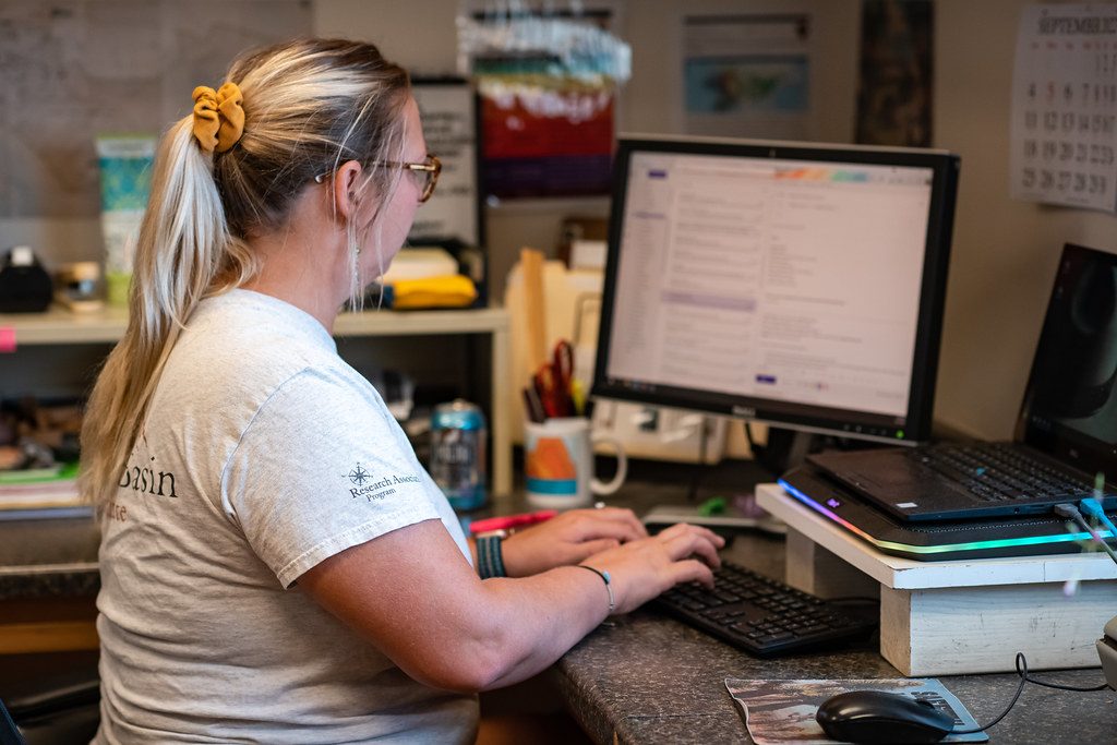 Mulher trabalhando no computador em uma mesa de escritório